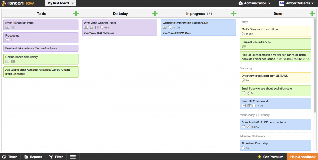 Screen shot of a Kanban project with color-coded cards for tasks