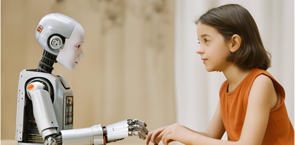A humanoid robot with a simplified face extending its right hand towards a young girl with shoulder-length hair and an orange top, sitting across from each other as if about to interact.