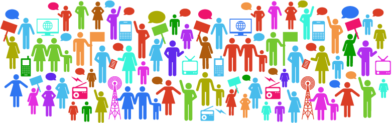 The image you uploaded depicts a vibrant and diverse community engaged in various activities. Simplified, stylized human figures are shown in different colors, such as blue, green, orange, and pink.