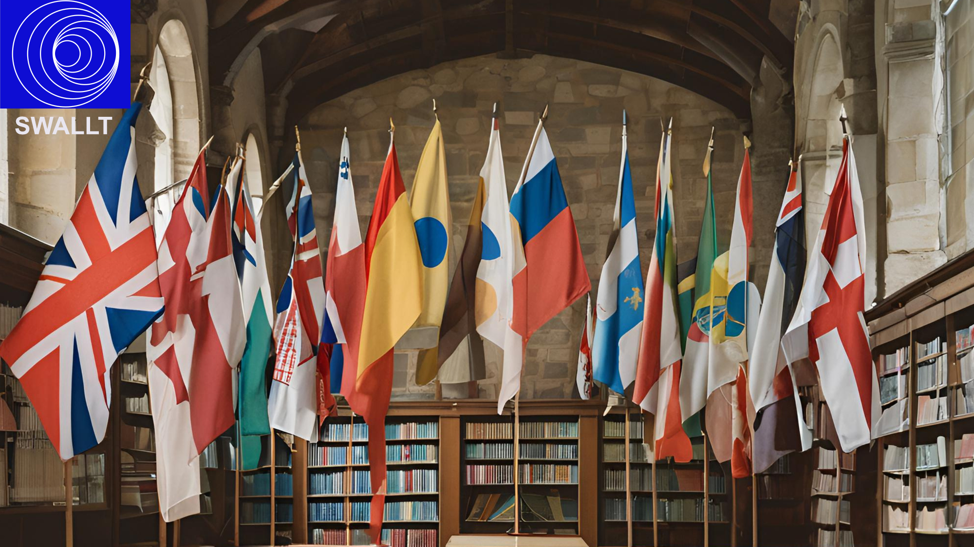 flags of the world displayed in an old library