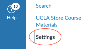 Screenshot of a menu with a blue sidebar on the left displaying a 'Help' button with a notification icon showing the number 10. The main section lists three options: 'Search,' 'UCLA Store Course Materials,' and 'Settings,' with 'Settings' highlighted by a red oval 