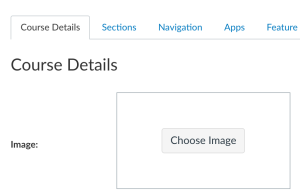 Screenshot of a 'Course Details' page with a tab menu at the top including 'Course Details,' 'Sections,' 'Navigation,' 'Apps,' and 'Feature.' Below the heading 'Course Details,' there is a section labeled 'Image:' with a box containing a 'Choose Image' button
