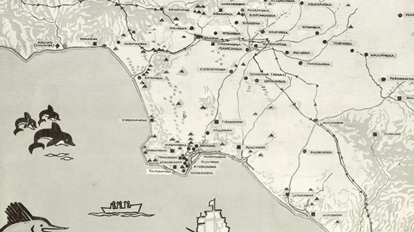 Map of Southern California with the locations of indigenous villages marked